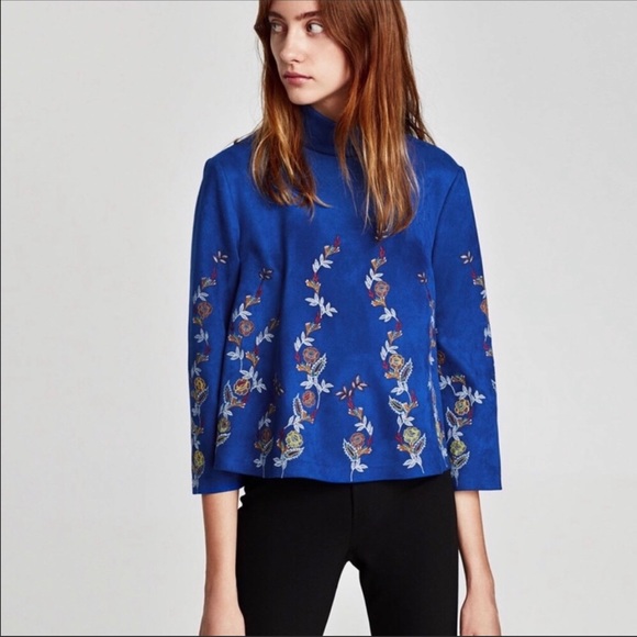 Zara Tops - Zara |Blue Faux Suede Embroidered Crop Swing Top M
